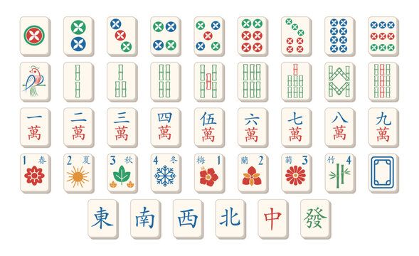 Set of traditional mahjong tiles including numbers and wind tiles with game set mahjong dice 日本式の麻雀牌	