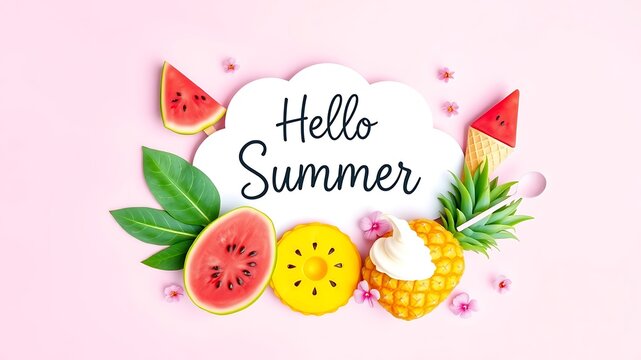 A white cloud shaped sign with the text hello summer surrounded by fresh pineapple, watermelon, and tropical flowers on a pink background