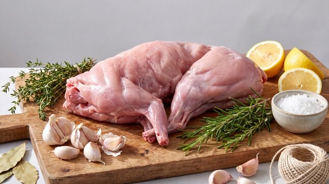 Raw whole rabbit meat carcass on wooden board with herbs and spices for roasting