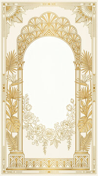 Art Deco Luxury Wedding Invitation Illustration, Gold Geometric Ornament Frame with Floral Motifs, Archway, and Elegant Symmetrical Design for Premium Event Stationery