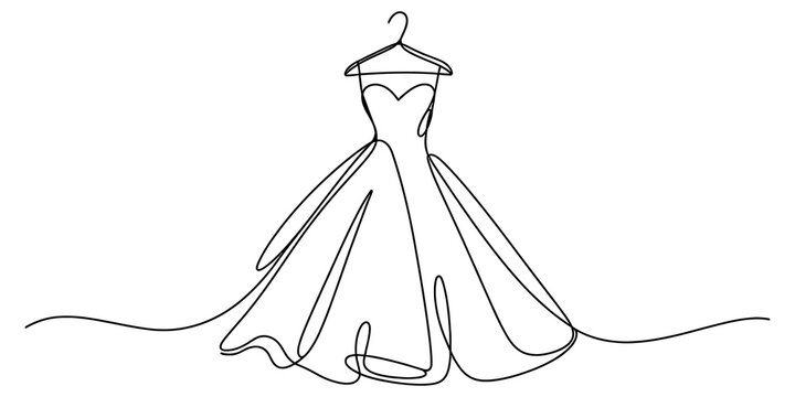 Minimalist continuous one line drawing of a beautiful elegant wedding dress hanging on a hanger for bridal fashion or boutique shop art isolated on transparent background, Vector