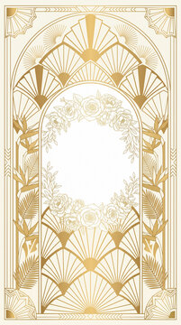 Art Deco Luxury Wedding Invitation Illustration, Gold Geometric Ornament Frame with Floral Motifs, Archway, and Elegant Symmetrical Design for Premium Event Stationery