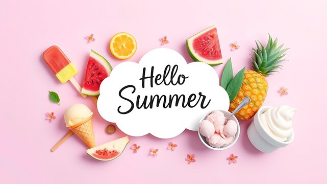 Summer composition with fresh tropical fruits, ice cream, and a central cloud-shaped sign with the text hello summer on a soft pink background