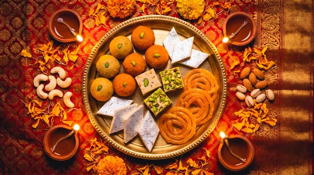 Traditional Indian Diwali sweets on brass thali with diyas, marigold flowers and dry fruits, festive flatlay on red cloth.