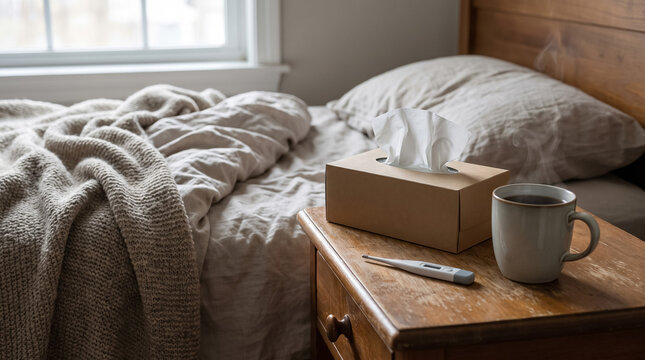 Bedroom nightstand with tissue box, steaming hot tea mug, and thermometer next to an unmade bed, indicating illness and recovery