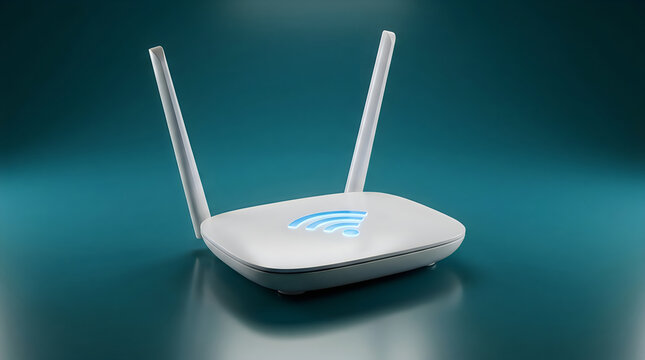 Modern wireless router with two antennas on a reflective surface in low light