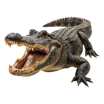 Wild Alligator with Open Jaws Showing Teeth Isolated on Dark Background
