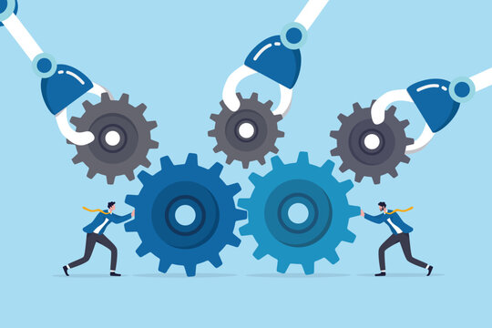Automation system to improve process, optimize efficiency and productivity, innovation, robotic or software to help staff, employee skill development, business team help connect cogwheel gear process.