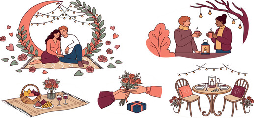 Obraz premium Romantic couple dating vector illustration element set with dinner table picnic bouquet and crescent arch