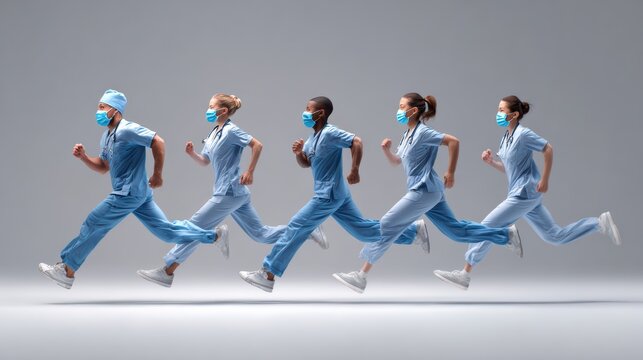 Agitated doctor and nurses running through modern hospital corridor, back view, dynamic poses