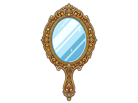 Ornate golden hand mirror with vintage filigree isolated on transparent