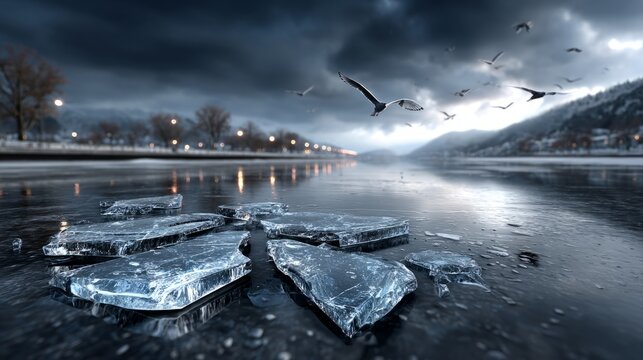 Birds fly over a river where chunks of ice float on the water surface during wintertime under a dark sky