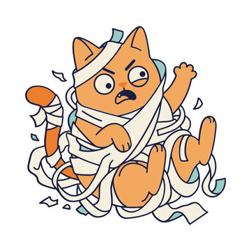 Funny frustrated orange cat tangled in toilet paper mummy flat vector illustration