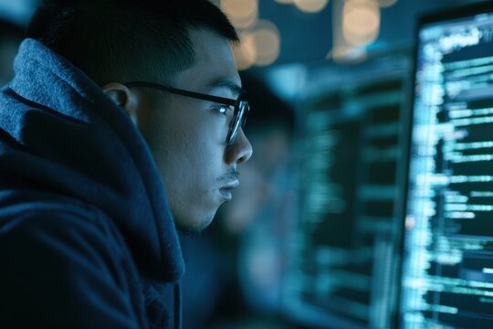 Asian man wearing glasses studying computer code on illuminated monitors in a dark blue workspace, close up portrait with technology background and focused expression