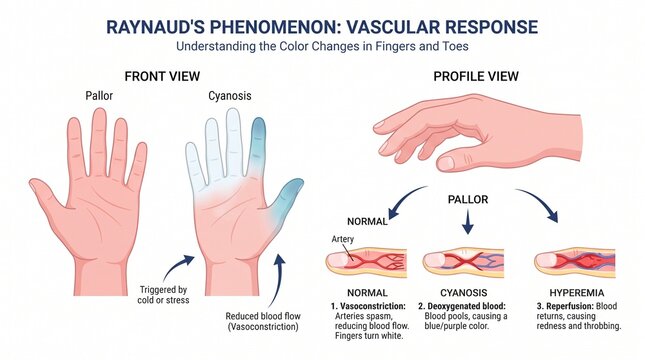 Medical Infographic Explaining Raynaud Phenomenon Vascular Response With Finger Color Changes And