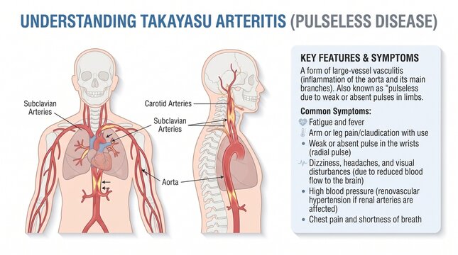 Medical Infographic Illustrating Takayasu Arteritis Anatomy and Symptoms for Educational Use