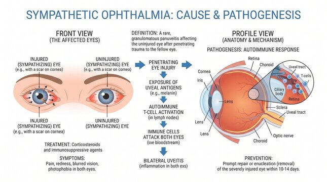 Medical Infographic Showing Sympathetic Ophthalmia Pathogenesis and Eye Anatomy
