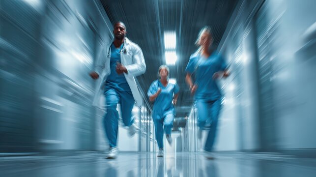 Front view of doctor and nurses rushing to patient room, agitated, natural body movement