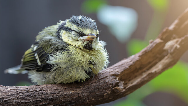 Tiny fluffy yellow songbird chick sleeping peacefully on a tree branch