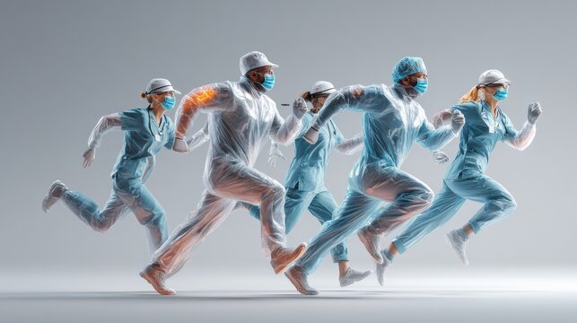 Front view of doctor and nurses rushing to patient room, agitated, natural body movement