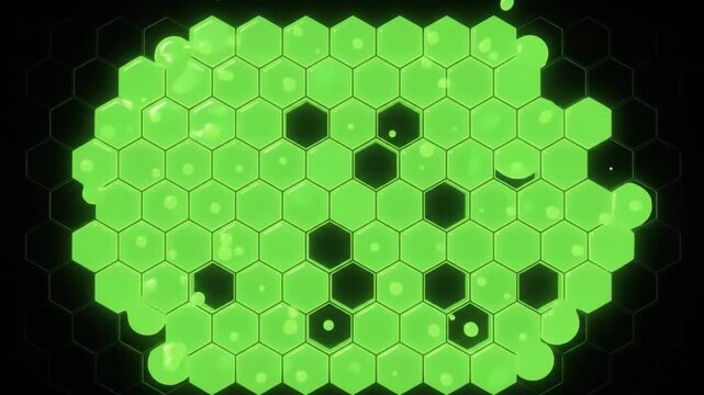 abstract green glowing liquid on a hexagon grid and black background