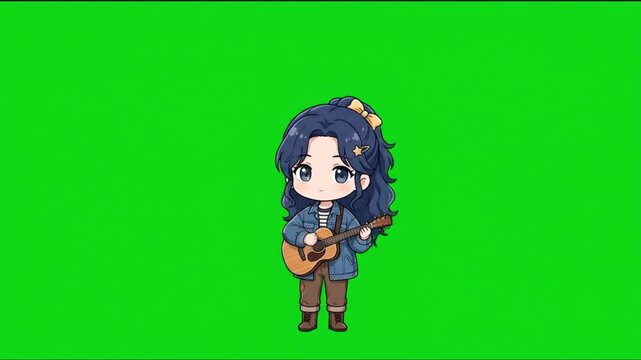 Chibi girl with blue hair playing acoustic guitar animation on green screen background.