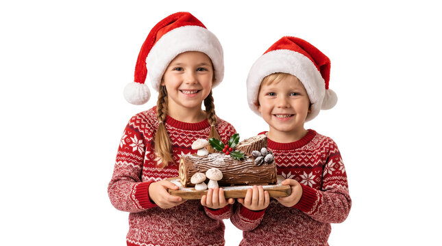 Festive children in Santa hats holding Christmas Yule log cake, happy kids in red winter sweaters with buche de Noel dessert isolated on white