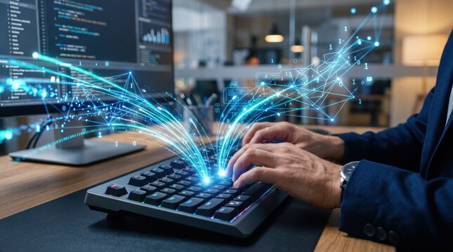Programmer hands typing on mechanical keyboard with glowing binary code and abstract data streams flowing upwards, representing software development, artificial intelligence