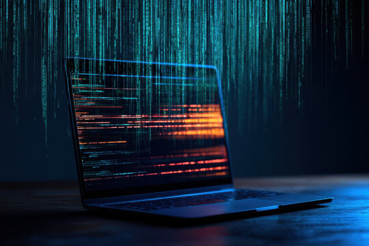 Open laptop displaying colorful programming code against a dark blue digital background with reflections and glowing vertical lines, technology workspace scene
