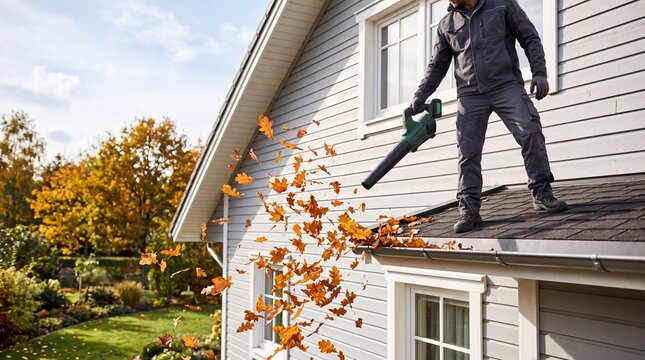 A man standing on a residential home roof uses a cordless leaf blower to clear dry fallen autumn leaves from the gutters and shingles.
