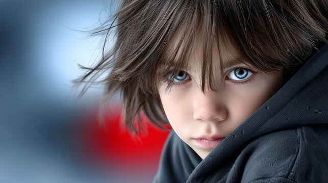 Child with intense gaze in urban environment