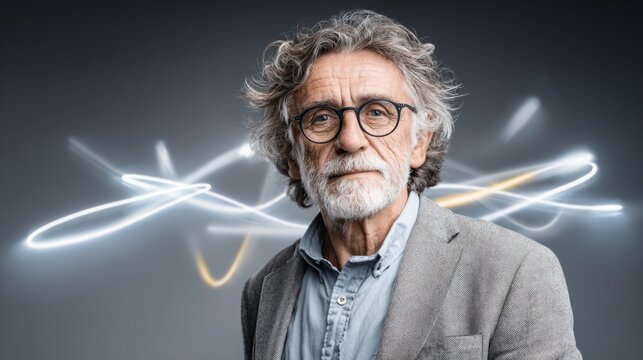 Senior man poses confidently in front of abstract light background