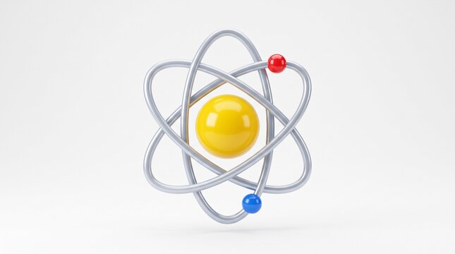 3D atom model icon with yellow nucleus and orbiting electrons for science education, physics, and chemistry concept physics research, technology, and scientific innovation