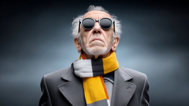 Elderly man in sunglasses and scarf looks upward with confidence in a modern setting