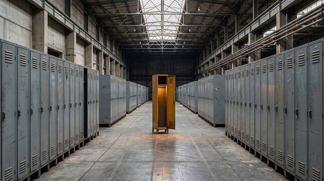 A single open yellow locker stands illuminated in the center of a large industrial warehouse