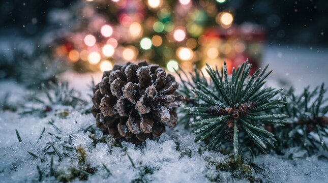 Winter scene with a blurred christmas tree and snowy pine branches in foreground