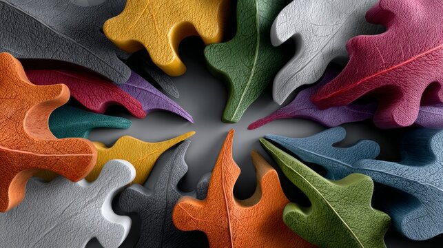 Colorful leaf puzzle pieces arranged in a circular pattern on a flat surface