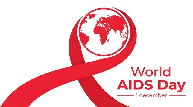 World aids day with earth world sign and red ribbon sign design illustration.