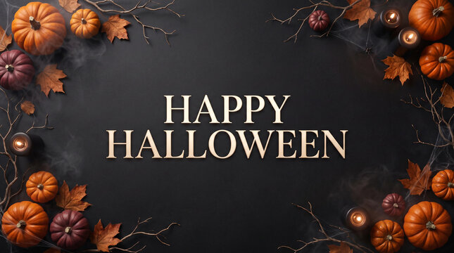 Happy Halloween greeting card with pumpkins, autumn leaves, candles and spider webs on dark background