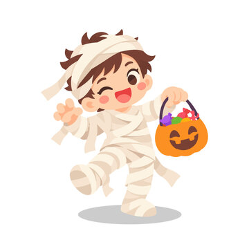 Funny Kid in Mummy Bandage Costume with Pumpkin Candy Bucket Halloween Illustration