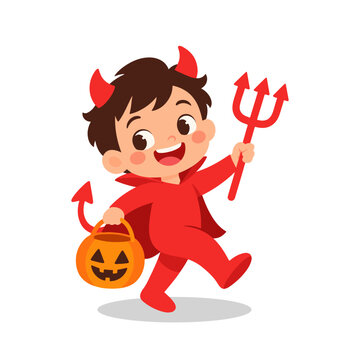 Cute Little Devil Kid with Horns Pitchfork and Pumpkin Bucket Halloween Illustration