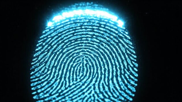 Glowing blue digital fingerprint scan and biometric identification