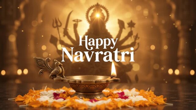 Diya oil lamp glowing with flame, blooming floral ring, goddess durga silhouette background, happy navratri greeting text, golden temple bokeh illumination, hindu festival celebration.