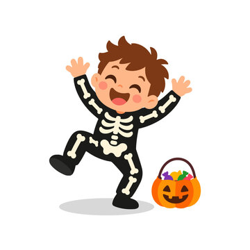 Happy Kid in Black Skeleton Costume Dancing with Pumpkin Candy Bucket Illustration
