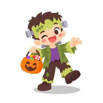 Cute Kid in Green Frankenstein Costume with Bolts Holding Candy Bucket Illustration