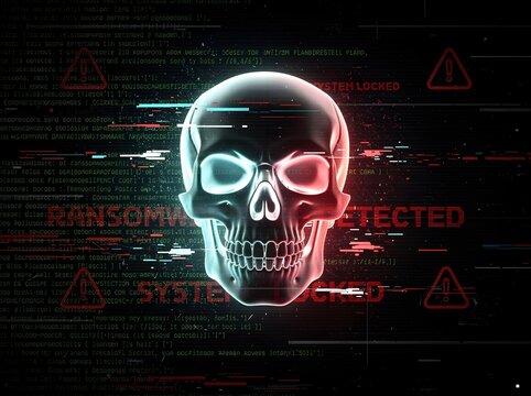 Ransomware threat detected alert on computer monitor with glowing skull and code background.   