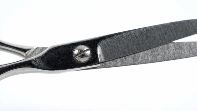 Macro view of silver steel scissors and pivot screw over white