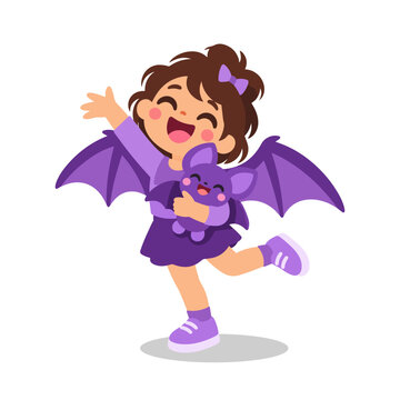 Happy Kid with Bat Wings Hugging Cute Purple Bat Plush Halloween Illustration