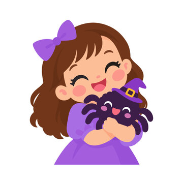 Cute Little Girl Hugging Smiling Spider Plush with Witch Hat Halloween Illustration