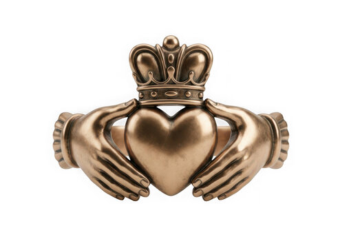 Traditional claddagh ring made of bronze metal isolated on transparent background